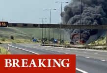 M62 closed: Motorway shut westbound after huge vehicle fire -thick black smoke fills sky (Reports)