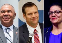 6 things to watch Tuesday – (Reports) From left, Rep. Lacy Clay of Missouri, former Kansas Secretary of State Kris Kobach and Rep. Rashida Tlaib of Michigan -- three politicians facing primaries on Tuesday.