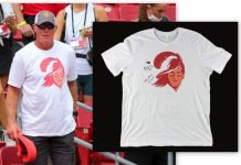 Tampa Bay Buccaneers T-Shirt Twice Signed by Brett Favre, with a Shout-out to Tom Brady, will be Sold Online, Sept 29th