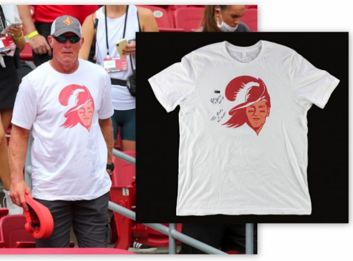 Tampa Bay Buccaneers T-Shirt Twice Signed by Brett Favre, with a Shout-out to Tom Brady, will be Sold Online, Sept 29th