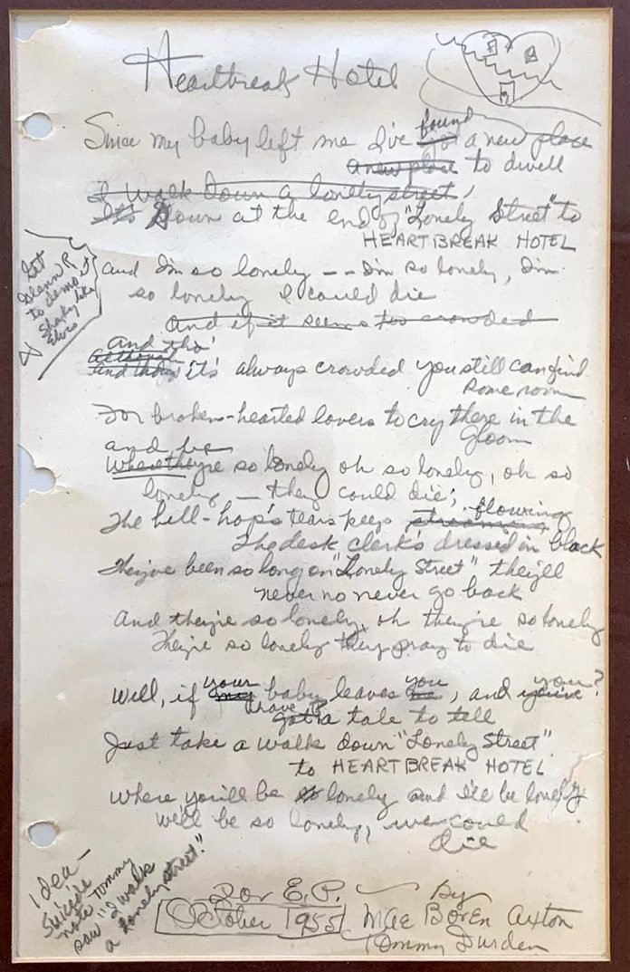Handwritten Lyrics to the 1956 Elvis Presley Song Heartbreak Hotel will be Auctioned Nov 19th-20th