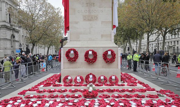 Wreaths laid at the Cenotaph following the Remembrance Sunday service 