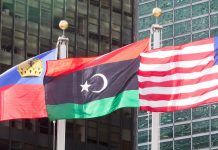 Welcoming a nationwide ceasefire in Libya Libyan flag outside UN Headquarters (UN Photo)