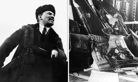 Lenin led the Russian Revolution in 1918 (L), and posters of the Tsar were crushed as the monarchy fell (R) Lenin led the Russian Revolution in 1918 (L), and posters of the Tsar were crushed as the monarchy fell (R)