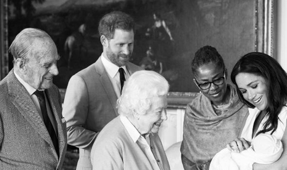 Philip, the Queen, Harry, Meghan and Meghan's mother Doria Ragland, with Archie Philip, the Queen, Harry, Meghan and Meghan's mother Doria Ragland, with Archie