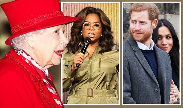 The Queen, talk show host Oprah WInfrey and Prince Harry and Meghan Markle