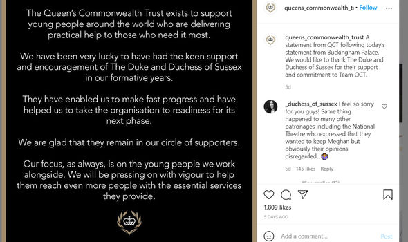 The end Meghan and Harry's patronage of QCT on the organisation's Instagram page The end Meghan and Harry's patronage of QCT on the organisation's Instagram page