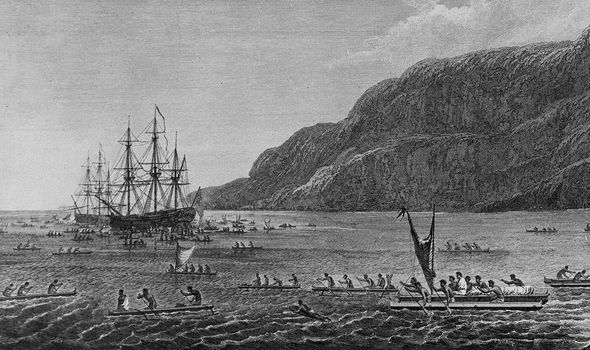 Engraving shows native Hawaiians as they row boats and canoes out into Karakakooa Bay Engraving shows native Hawaiians as they row boats and canoes out into Karakakooa Bay
