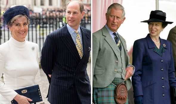 Sophie Wessex smiling next to Prince Edward with Anne and Prince Charles looking on